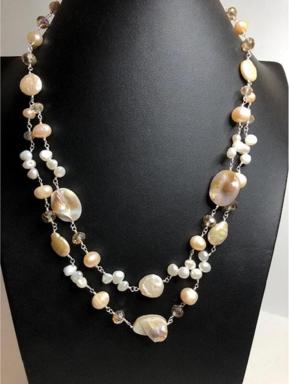 9055 Sterling 925 Multi-Strand Pearl, crystal, shell Necklace 18-19" 40grams